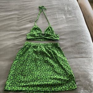 Two piece leopard mini skirt halter  set